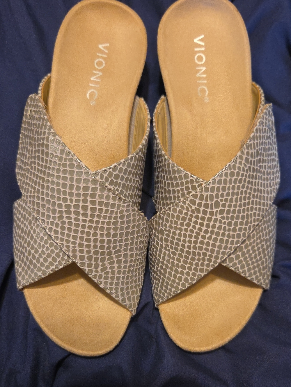 Vionic Taupe Snake-Print Crossband Mules